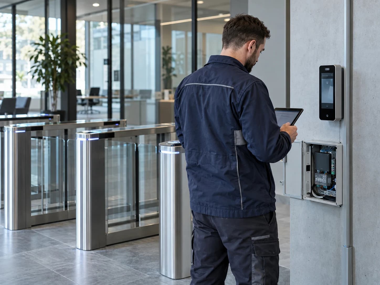 Access-control engineer commissioning an identification terminal beside installed speed gates